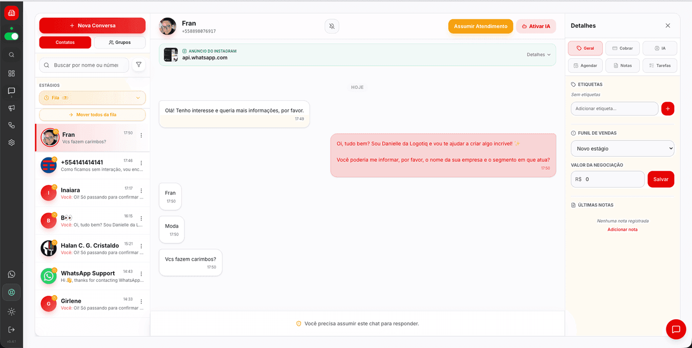 Painel do CRPRO com conversas de WhatsApp em multiatendimento e assistente de IA